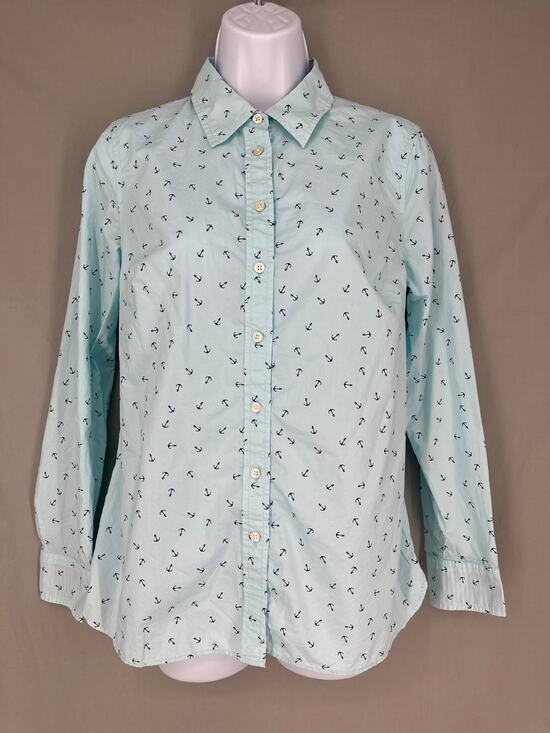 Talbots Tops - Talbots Top Womens XS Blue Anchor Print Nautical Button Long Sleeve Cotton